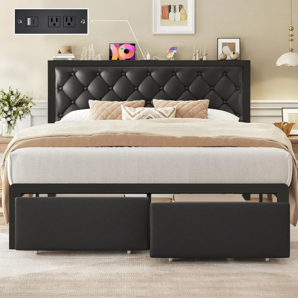 Frame with 2 Storage Drawers, Upholstered Headboard Button Tufted Bed Frame with Charging Station, No Box Spring Neede