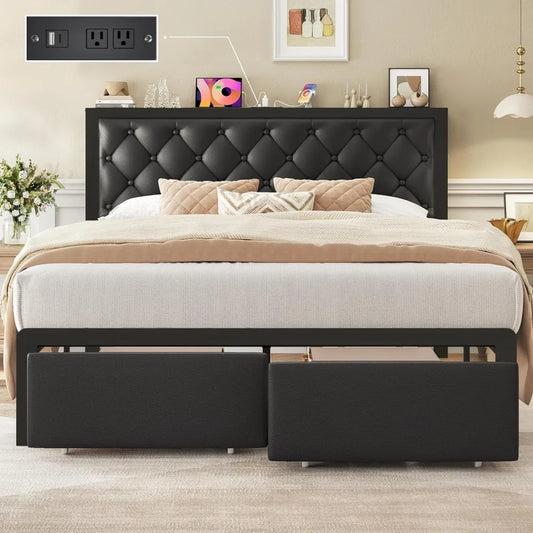 Frame with 2 Storage Drawers, Upholstered Headboard Button Tufted Bed Frame with Charging Station, No Box Spring Neede