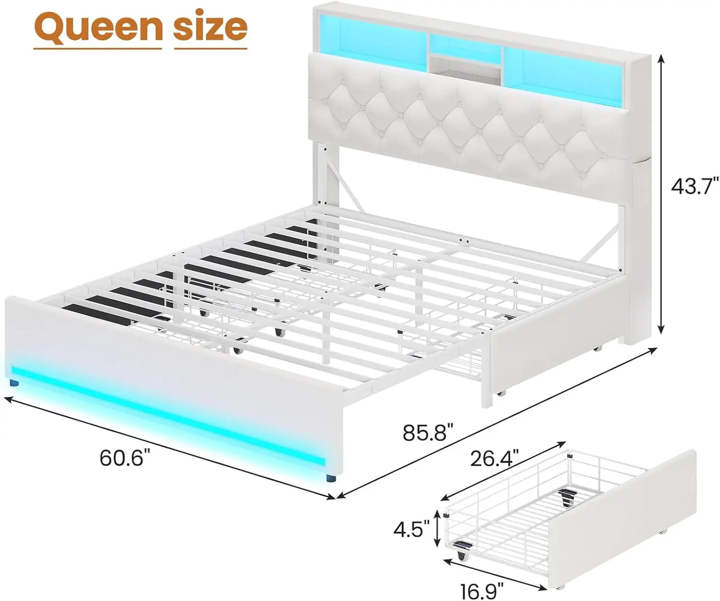 Modern Velvet Platform Bed with LED Lights, Storage Drawers, and Charging Station in Creamy White