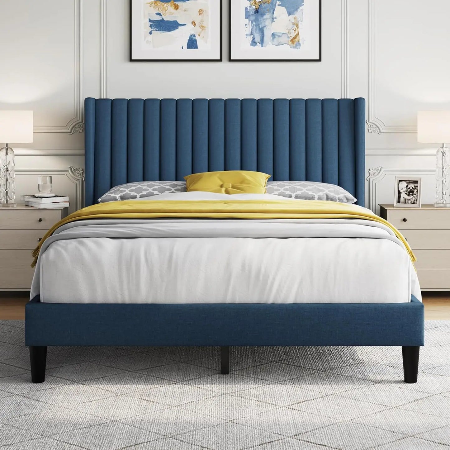 Queen Upholstered Platform Bed - Fabric Headboard with Wing Edge Design | Wooden Slats Support, Non-Slip & Noise-Free