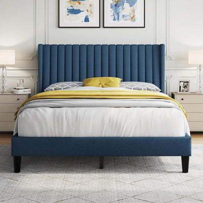 Queen Upholstered Platform Bed - Fabric Headboard with Wing Edge Design | Wooden Slats Support, Non-Slip & Noise-Free