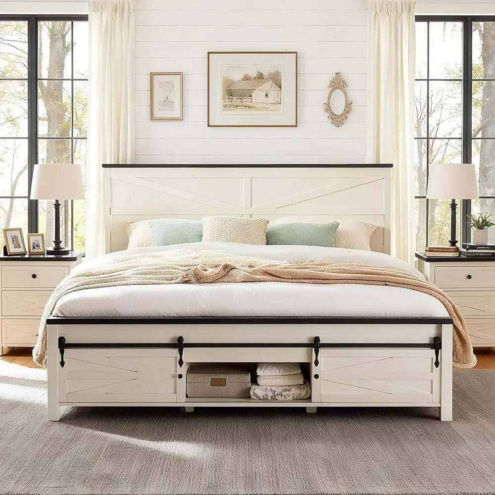 JXQTLINGMU Farmhouse King Size Bed Frame with 47" Tall Headboard, Wood King Bed Frame with Storage Cabinet, Solid Wood Slats Sup