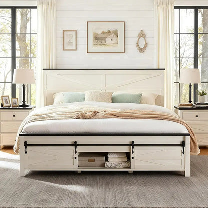 JXQTLINGMU Farmhouse King Size Bed Frame with 47" Tall Headboard, Wood King Bed Frame with Storage Cabinet, Solid Wood Slats Sup