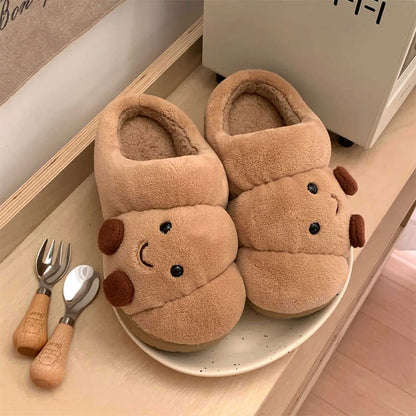 Fun Croissant Bread Cotton Slippers for Men and Women, Winter Couple Home Use, Thick-Soled Non-Slip Home Slippers for Women