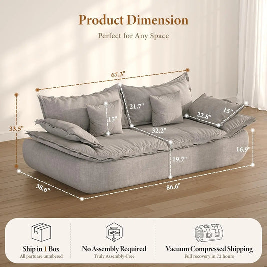 Modern 3-Seater Cloud Couch with Deep Seat, Comfy Chenille Upholstery, Curved Armrests, No Assembly Required, Light Grey