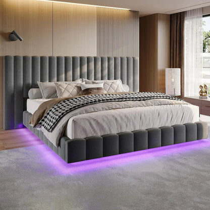 King Bed Frame with LED Lights and Upholstered Oversized Headboard, Modern Velvet Platform with Floating Design, No, Customized