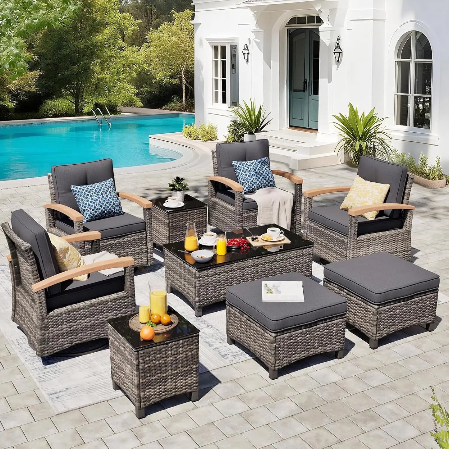9 Pieces Outdoor Patio Furniture Sets,PE Wicker Patio Conversation Sets with 4 Wood Armrests Swivel Rocker Chairs，