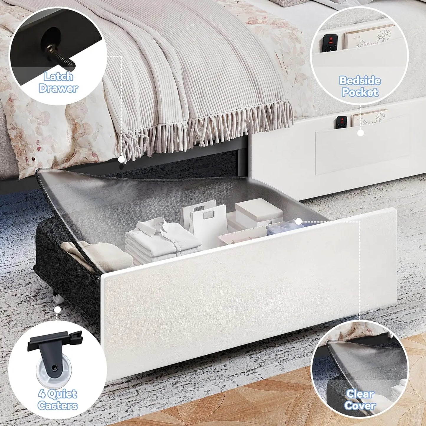 Queen LED Bed Frame With 2 Drawers, PU Upholstered Platform Beds With Adjustable Storage Headboard, Crystal Button