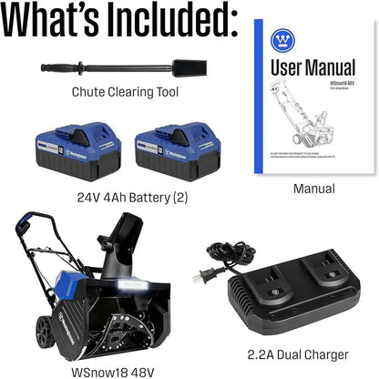 48V Cordless Snow Blower 18 Inch Electric Snow Thrower Brushless Motor 1200W 25ft Throwing Distance LED Light Rubber Auger