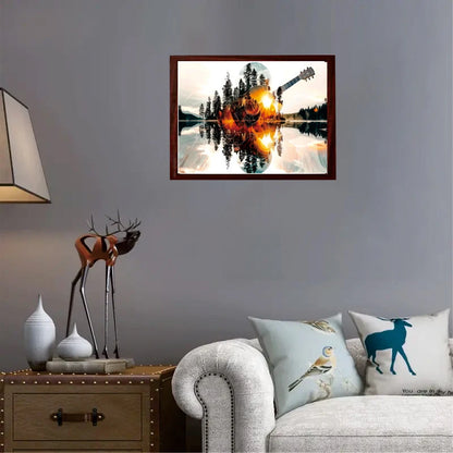 Adult Advanced Wooden Puzzle Game - Lake Reflection and Guitar and Forest Scenes, Thick and Durable Wood, Vibrant Sunset Color, Seamless Edge - Birthday, Halloween, Thanksgiving, Easter Natural and Music Theme DIY Puzzle - Ho