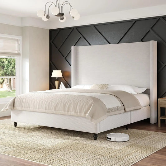 King Size Bed Frame With 65" Tall Headboard, Upholstered Corduroy Bed Frame With Wingback, Platform Bed With Solid, Customized