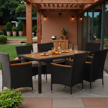 7 Piece Outdoor Patio Dining Set, Conversation Set, 1 Table and 6 Rattan Chairs, Curved Acacia Wood Armrests and Cushions