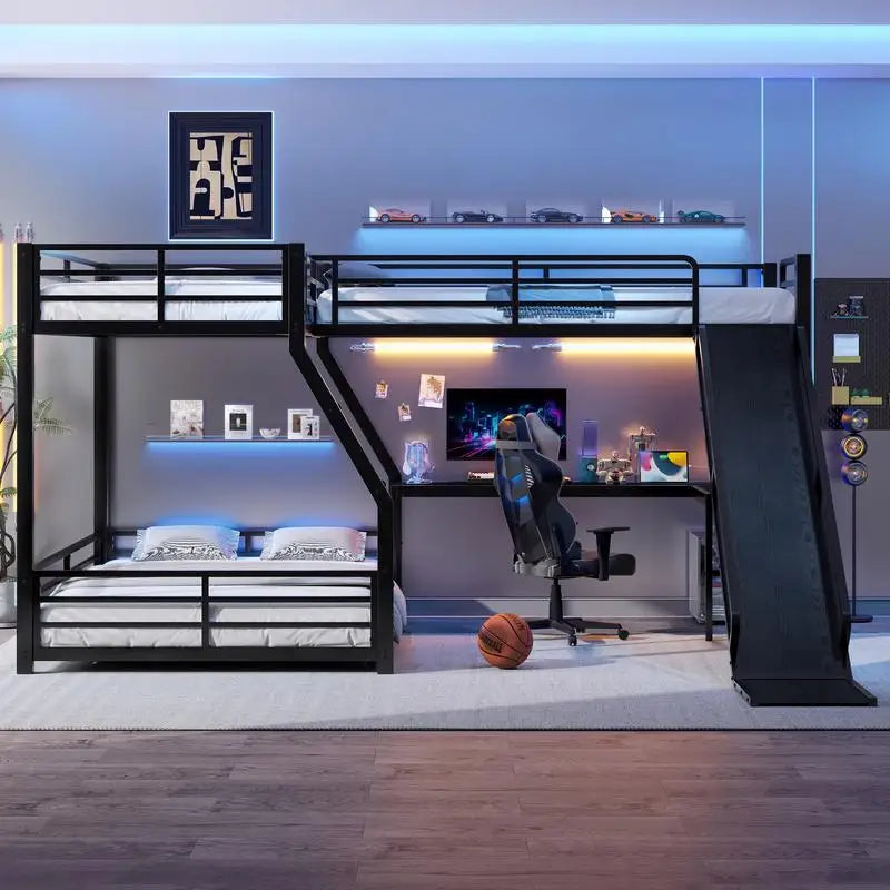 L-Shaped Twin over Full Bunk Bed with Loft, Metal Triple Bunk Bed with Slide, USB Ports, Space-saving, Noise-free Design, Black