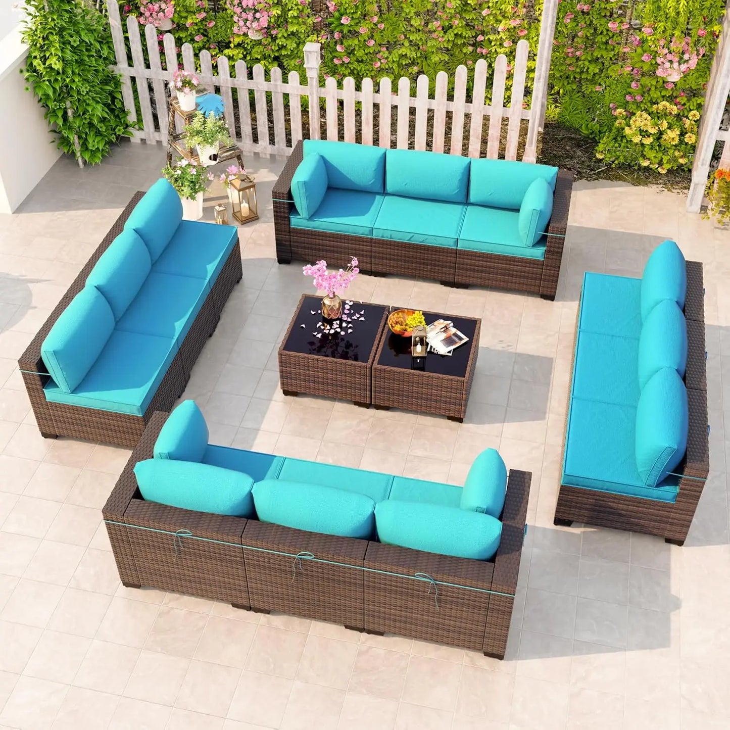 12 Pieces Outdoor Patio PE Rattan Sectional Sofa Set with Cushions & Tempered Glass Coffee Table for Garden Porch, Customized