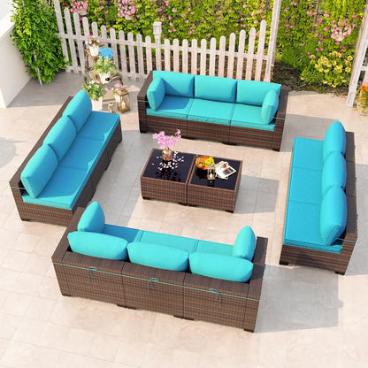 12 Pieces Outdoor Patio PE Rattan Sectional Sofa Set with Cushions & Tempered Glass Coffee Table for Garden Porch, Customized
