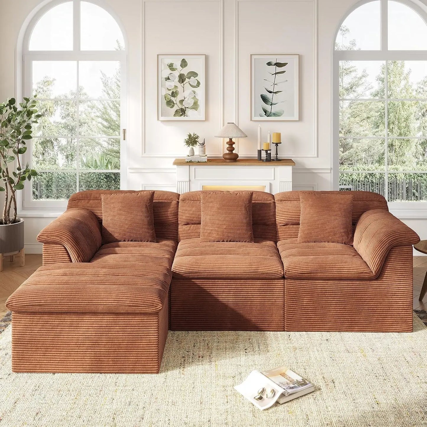 112" Modular Cloud Sectional Couch with Ottoman, Modern Upholstered Compressed Sofa with Deep Seat, Comfy L-Shape,Customized