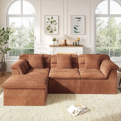 112" Modular Cloud Sectional Couch with Ottoman, Modern Upholstered Compressed Sofa with Deep Seat, Comfy L-Shape,Customized