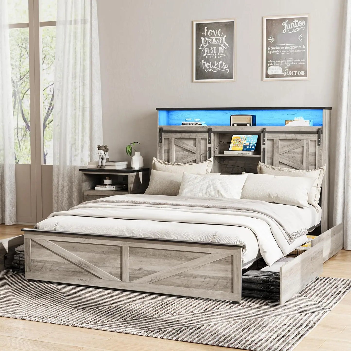 Farmhouse Queen Size Bed Frame with Headboard and Storage Ottoman, Sliding Barn Door & 4 Drawers, LED Lights and, Customized