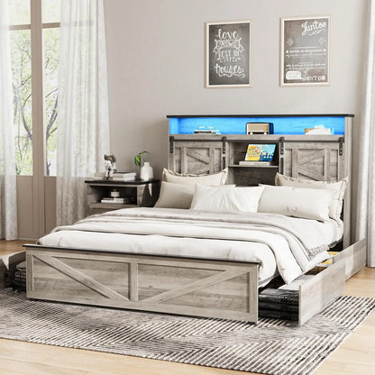 Farmhouse Queen Size Bed Frame with Headboard and Storage Ottoman, Sliding Barn Door & 4 Drawers, LED Lights and, Customized