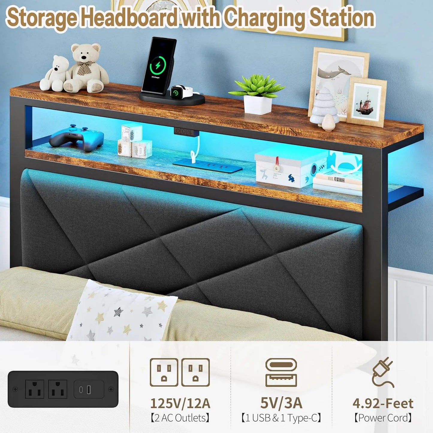 Twin Bed Frame with LED Headboard, USB Charging, Storage Shelves & Underbed Space, Dark Gray