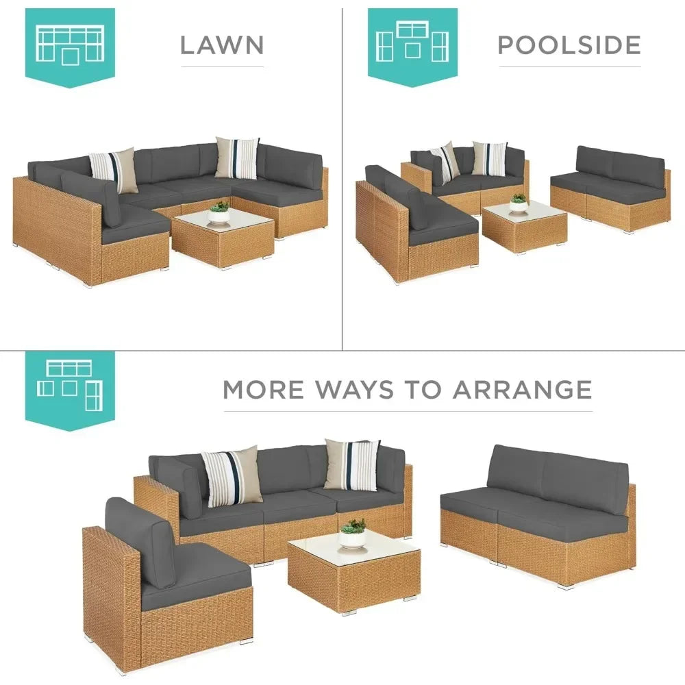 7-piece modular outdoor sectional wicker patio conversation set w/ 2 pillows, coffee table, cover included - natural/gray