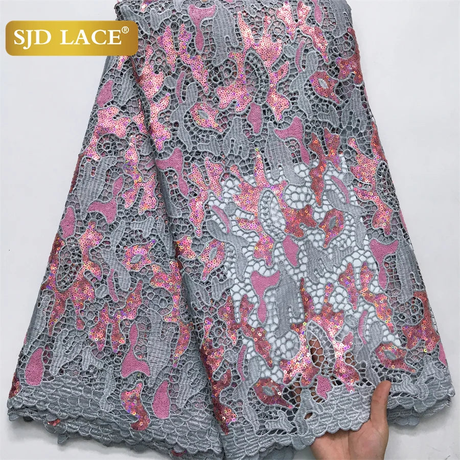 SJD LACE Nigerian Sequins Water Soluble Lace Fabrics 2025 High Quality African 5Yards Guipure Cord Lace for Women Dress Sew 4046