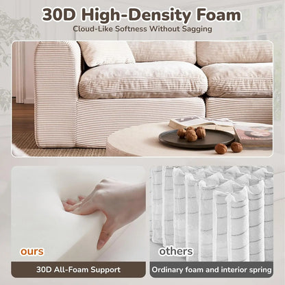 108" Boneless Cloud Sectional Couch for Small Living Room – L-Shape Modular Sofa with Ottoman, Deep Seat, Corduroy,, Customized