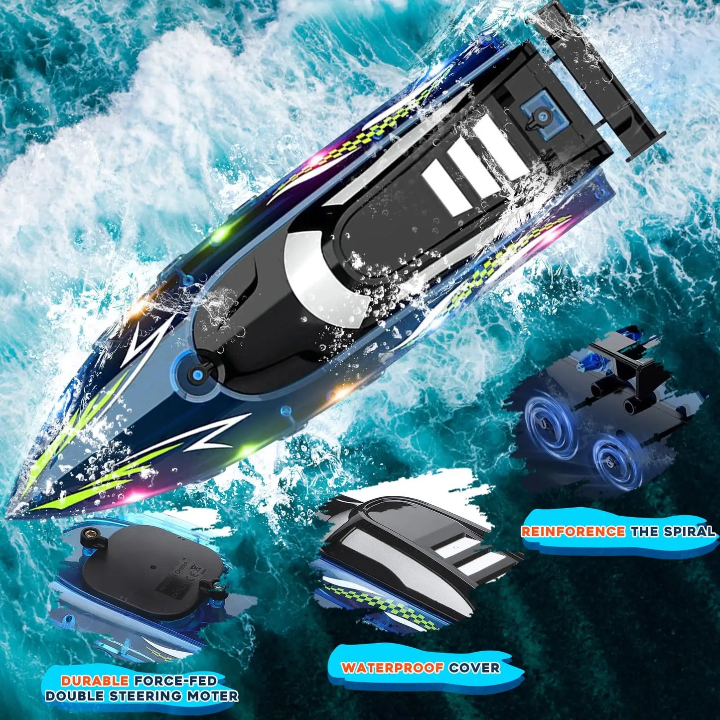 RC Boat with LED Light, 2.4GHz Full Proportional Remote Control Boat for Pool & Lake – 30 Min Run Time,Kids Toys & Birthday Gift