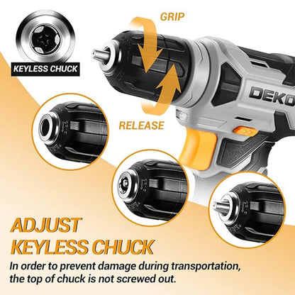 DEKO 8V Cordless Drill Set Mini Power Driver with 3/8"Keyless Chuck 42pcs Acessories Built-in LED Power Drill for Drilling