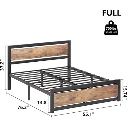 Bed Frame with Wooden Headboard and Footboard, Metal Full Bed Platform No Box Spring Needed, 14 inch Easy to Assemble Noise