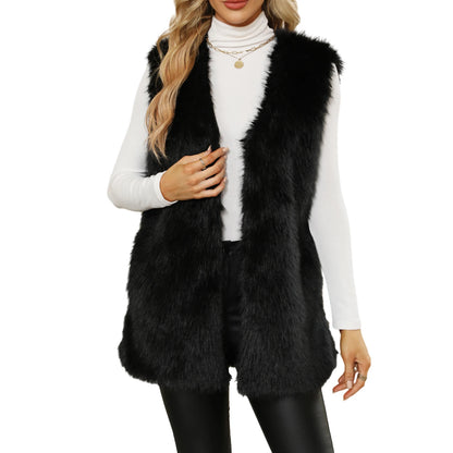 Ladies Winter Sleeveless Vest Button-Up Faux Fur Jacket with Solid Color Design for Warmth and Style