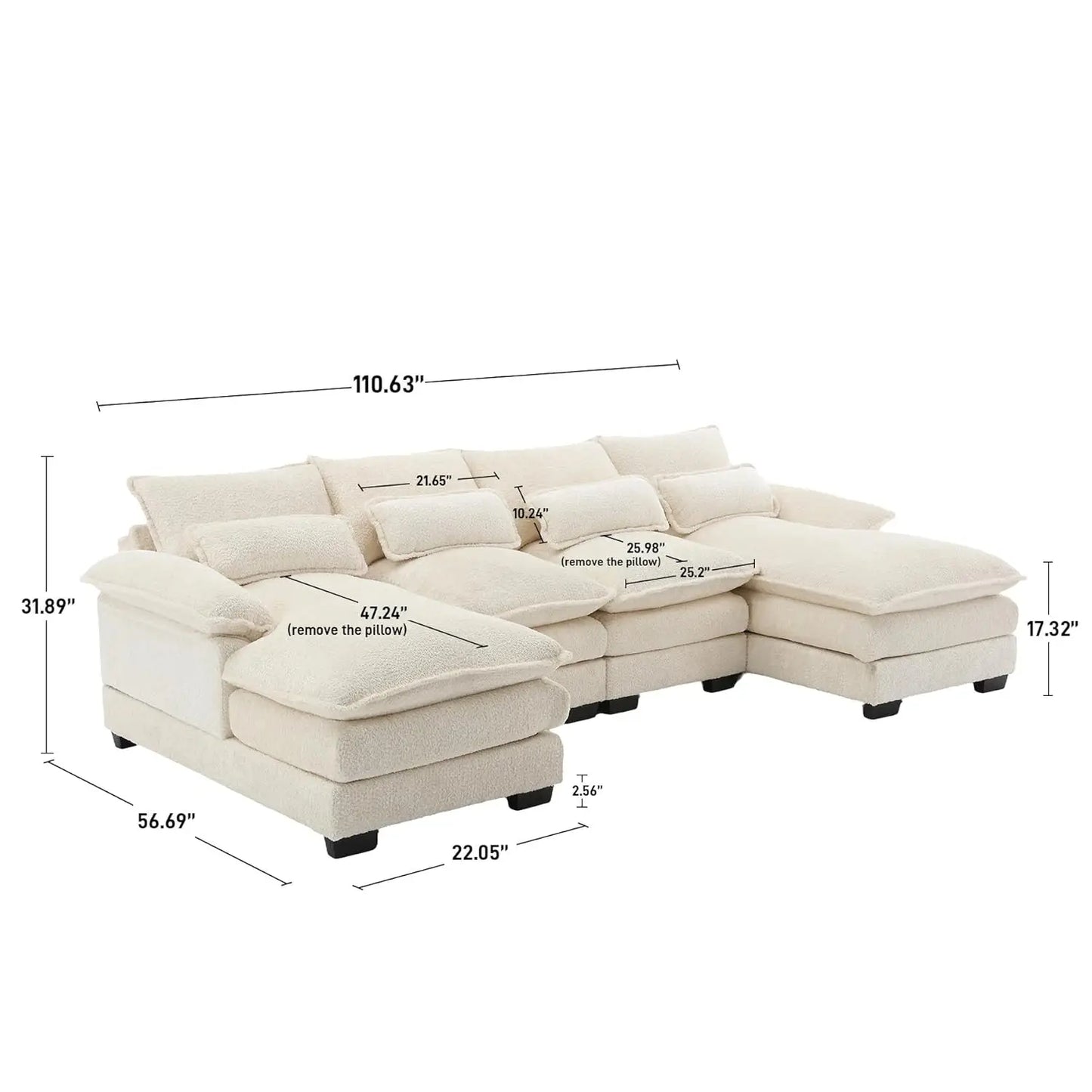 Modern U Shape Sectional Sofa Cloud Couch, 110" Upholstery Chenille Fabric Modular Couch, Comfy 4 Seat Sleeper Sofa With Double