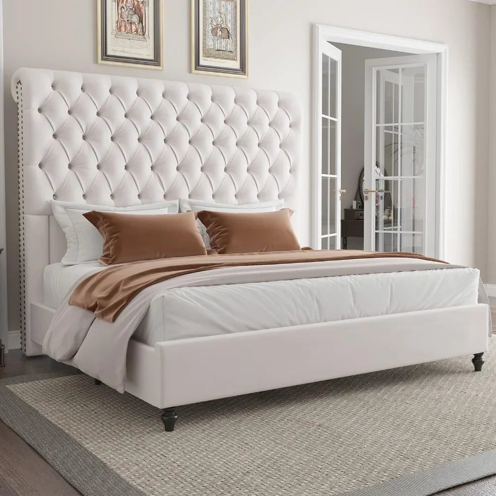 King Size Bed Frame 60" Tall Sleigh Headboard Bed with Velvet Upholstered Platform, No Box Spring Needed