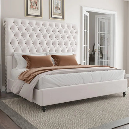 King Size Bed Frame 60" Tall Sleigh Headboard Bed with Velvet Upholstered Platform, No Box Spring Needed