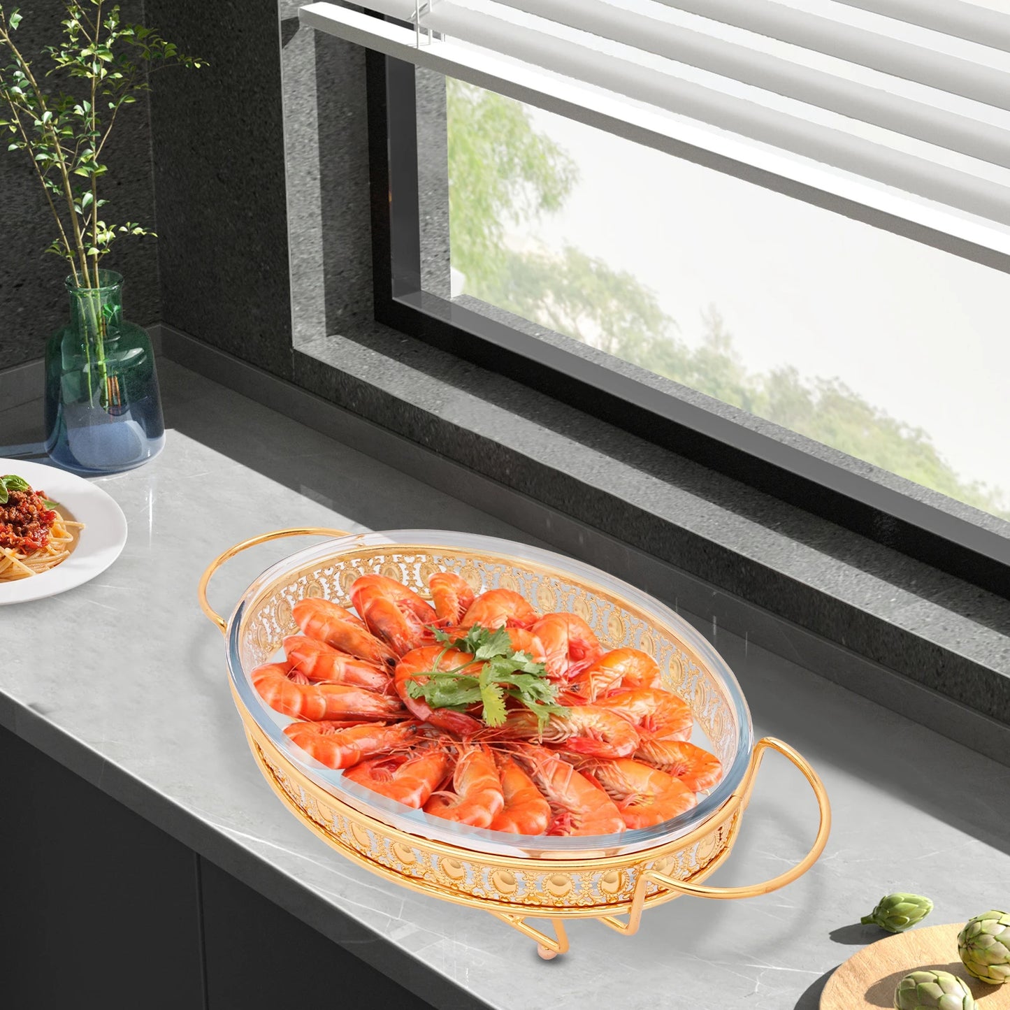 Gold Oval Table Standing Chafing Dish Set, 2L/2.11qt Stainless Steel & Glass Buffet Food Warmer for Catering, Parties & Home Use