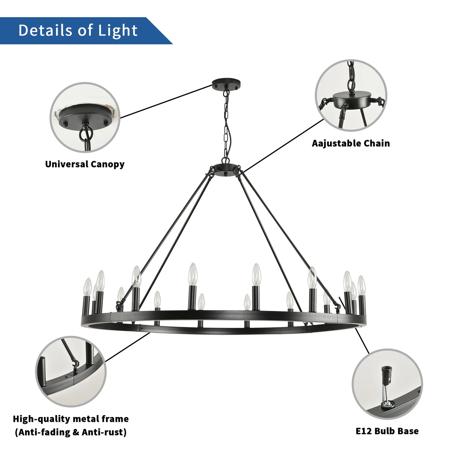 16-Light Wagon Wheel Chandelier Round Matte 43 inch Modern Rustic Farmhouse Pendant Light Large Chandeliers for Living Room