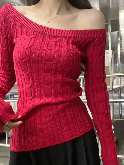 Casual Off shoulder Rib Knit Sweater Pull Women Long sleeve Top Basic Tees White Slim Pullovers Lady Sexy One Shoulder New