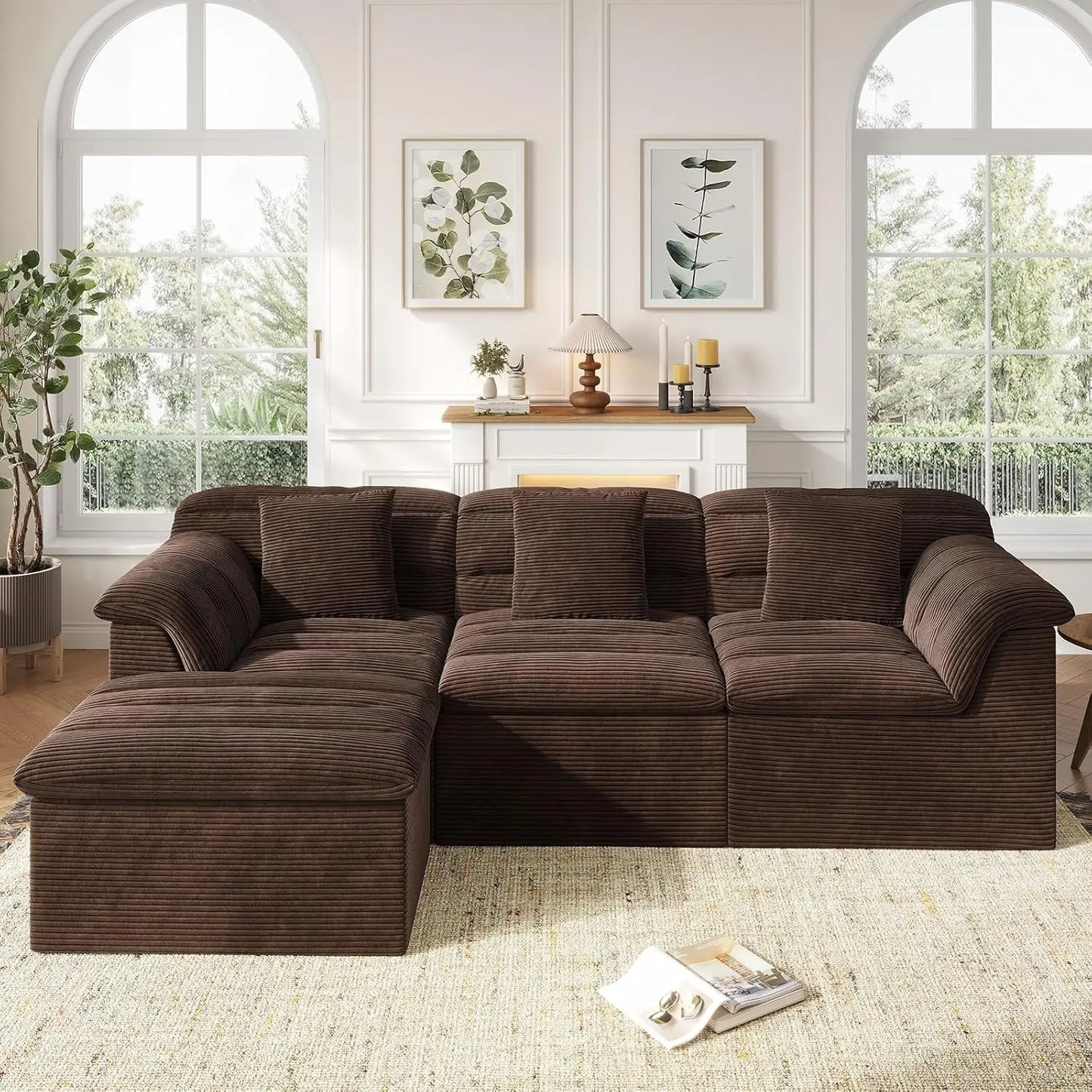 112" Modular Cloud Sectional Couch with Ottoman, Modern Upholstered Compressed Sofa with Deep Seat, Comfy L-Shape,Customized
