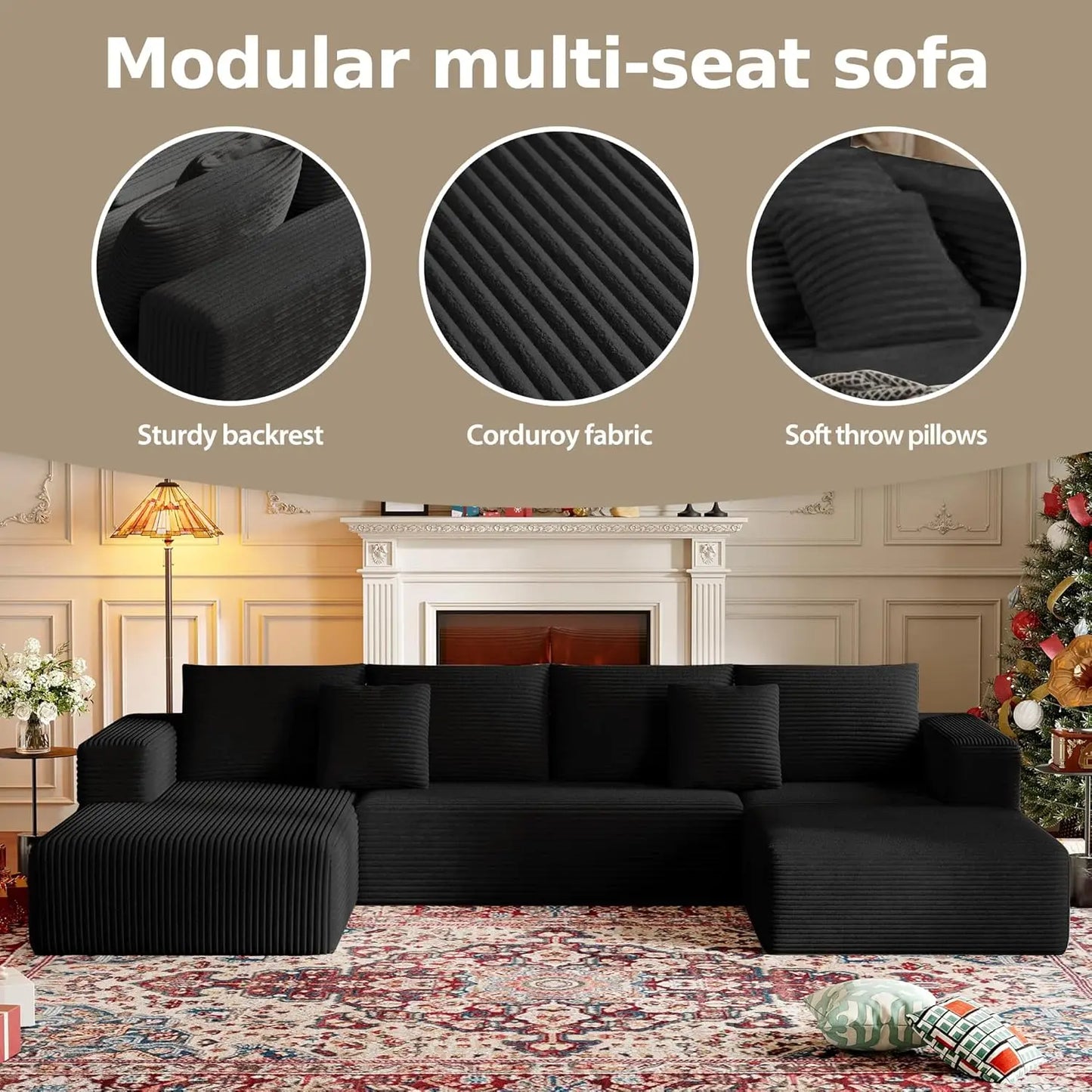 134.6''Sectional Sofa Couch for Livingroom,U-Shaped Boneless Couch with Chaise and Pillows,Modern Modular Corduroy Sofa,4-Deep S