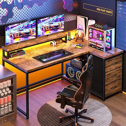L Shaped Gaming Desk with LED Lights & Power Outlet, 48Inch Corner Computer Desk with Drawers Reversible Home Office Desks with
