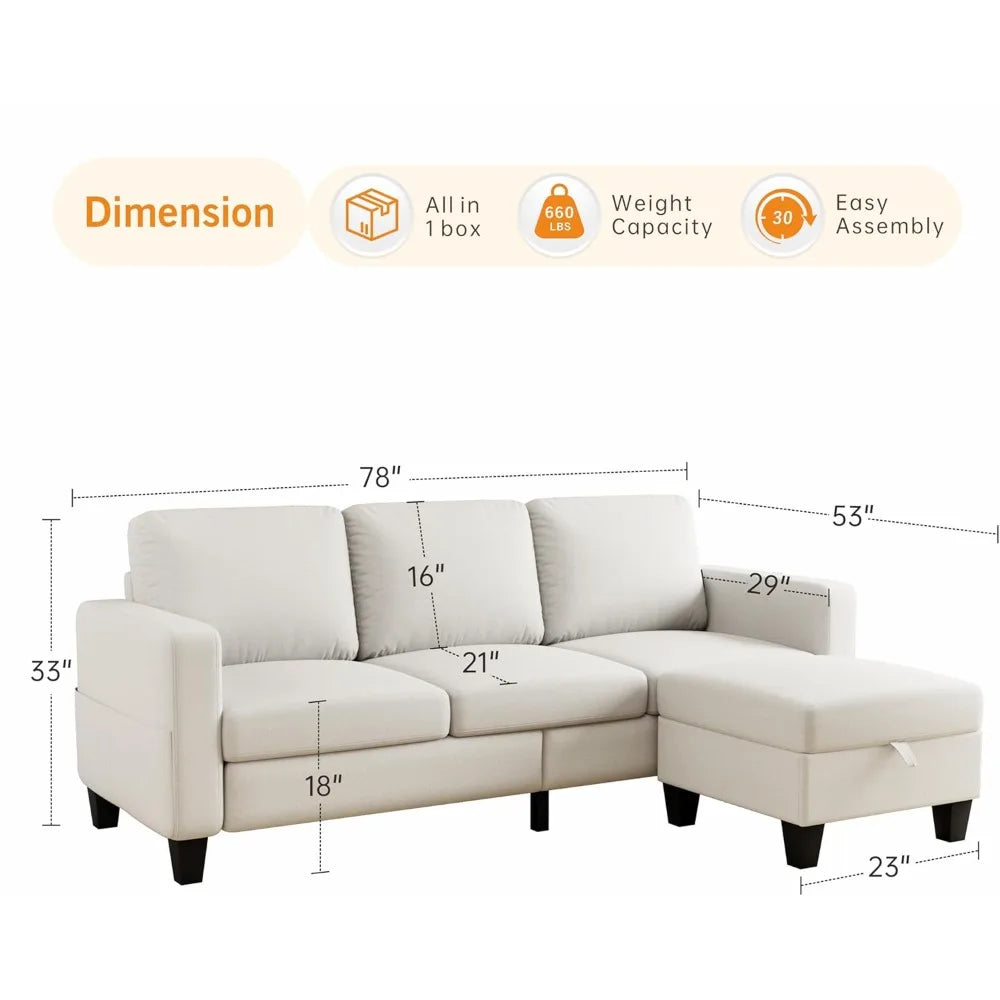 Sectional Sofa Couches for Living Room - 3 Seat L-Shaped Couch with Storage Ottoman, Comfy Fabric Convertible Sectionals
