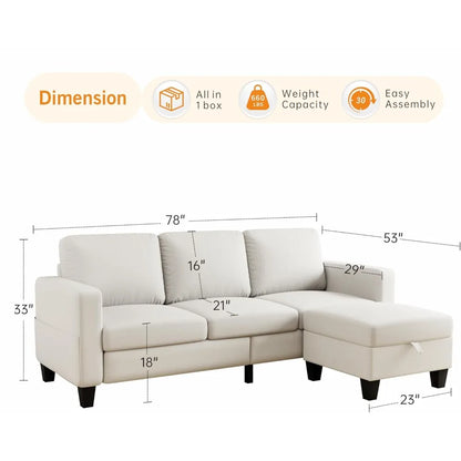Sectional Sofa Couches for Living Room - 3 Seat L-Shaped Couch with Storage Ottoman, Comfy Fabric Convertible Sectionals