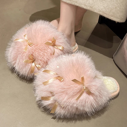 Sweet Bow Decor Fluffy Furry Slippers for Women Comfort Soft Home Plush Slides Shoes Woman Anti Slip Indoor Home Cotton Slipper