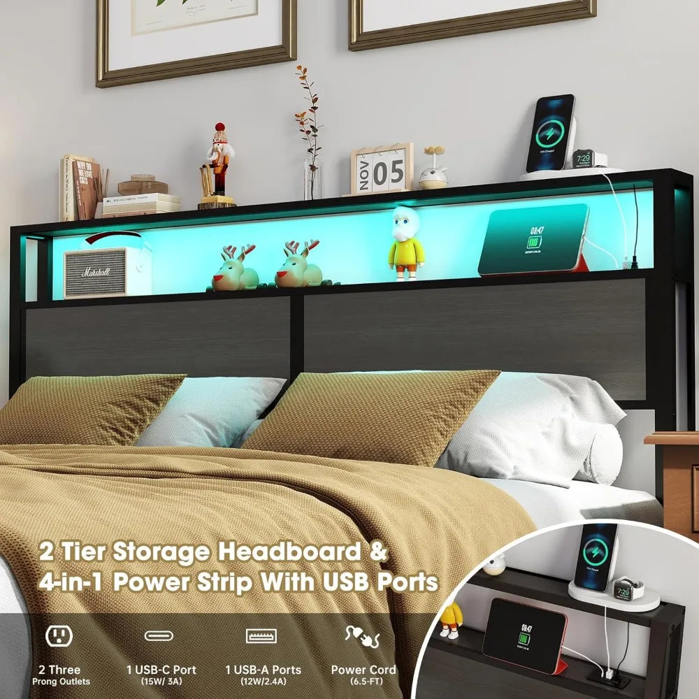 King Size Bed Frame with Headboard, Metal Platform Bed Frame with LED Lights & Charging Station, Under Bed Storage, Solid and St