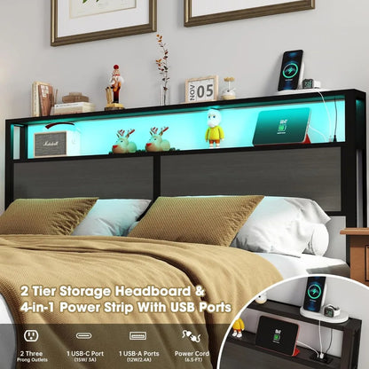 King Size Bed Frame with Headboard, Metal Platform Bed Frame with LED Lights & Charging Station, Under Bed Storage, Solid and St