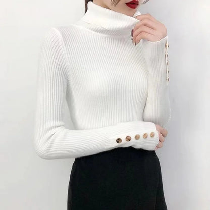 2025 Knitted Turtleneck Women Sweater Button Long Sleeve Pullovers Autumn Winter Basic Femme Sweaters Slim Solid Pull Tops