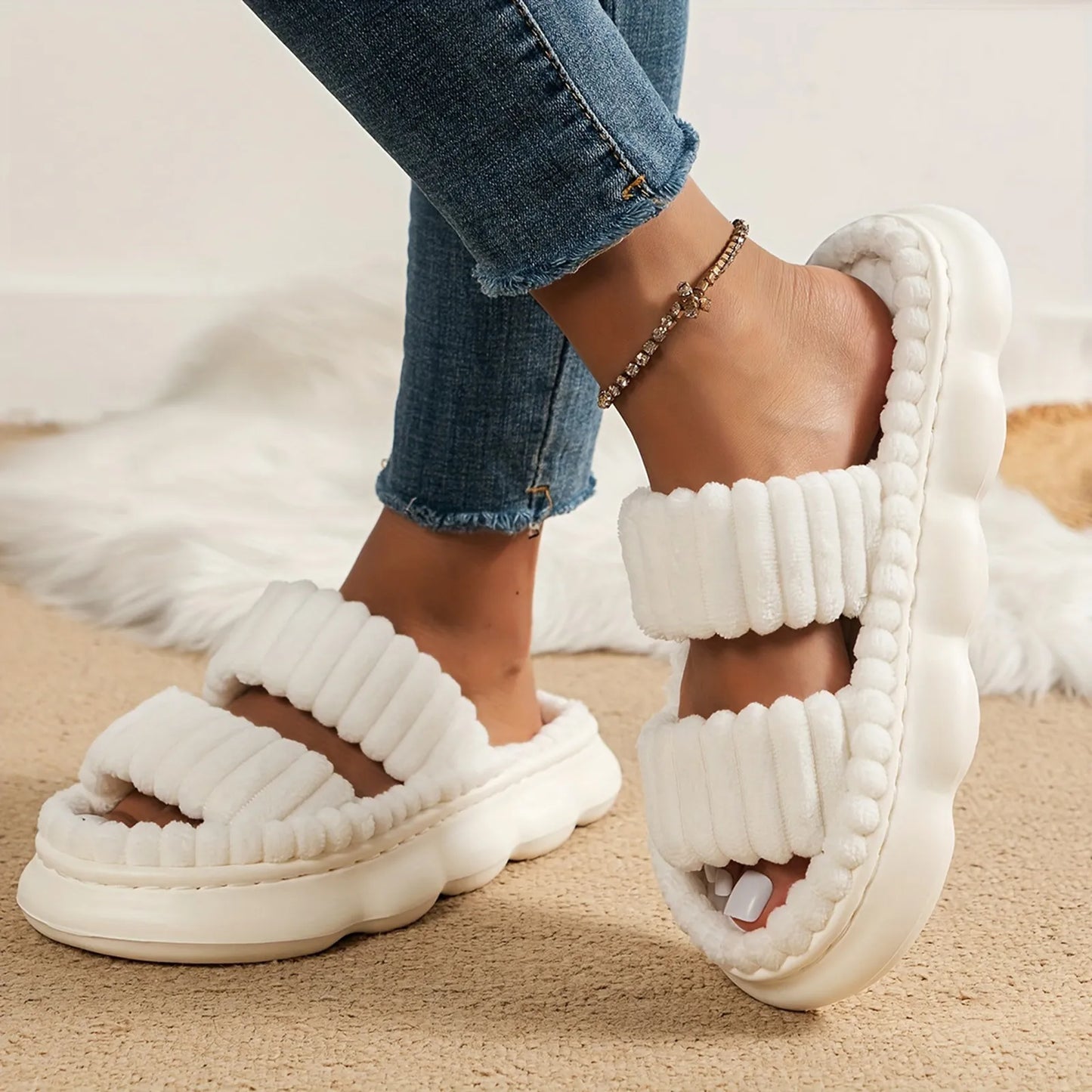Autumn Winter New Women Home Slippers Open-Toe Cross Band Linen Soled Indoor Slides Linen Soled Non-Slip Bathroom Slippers