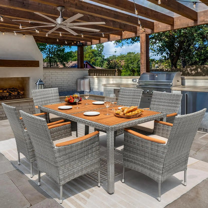 7 Piece Outdoor Patio Dining Set, Conversation Set, 1 Table and 6 Rattan Chairs, Curved Acacia Wood Armrests and Cushions