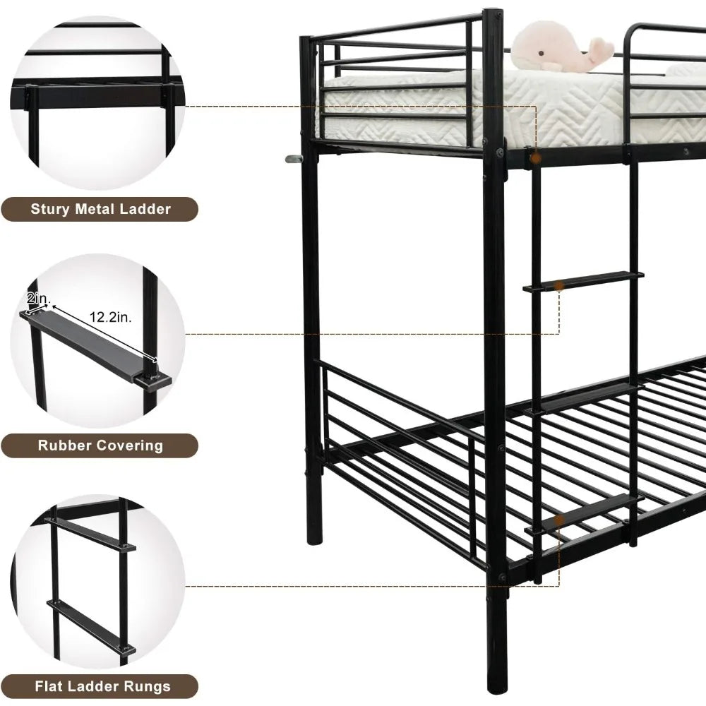 Bunk Bed Twin Over Twin for Kids/Teens/Adults Heavy Duty 2 Decker Bed with Flat Ladder and 13 inches High Guardrail,
