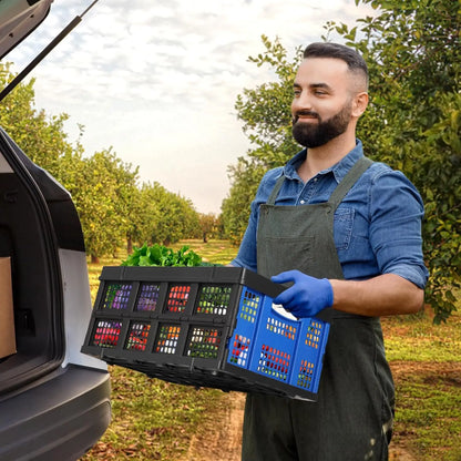 55L Heavy-Duty Collapsible Plastic Crate Foldable Storage Basket with Side Handles, Stackable Design for Food Drinks Books Tools